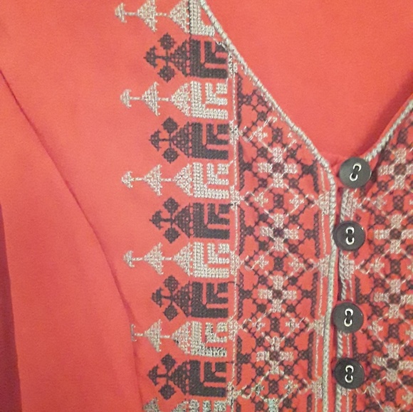 And Boho Orange tribal Embroidered top Sz M - Picture 6 of 8